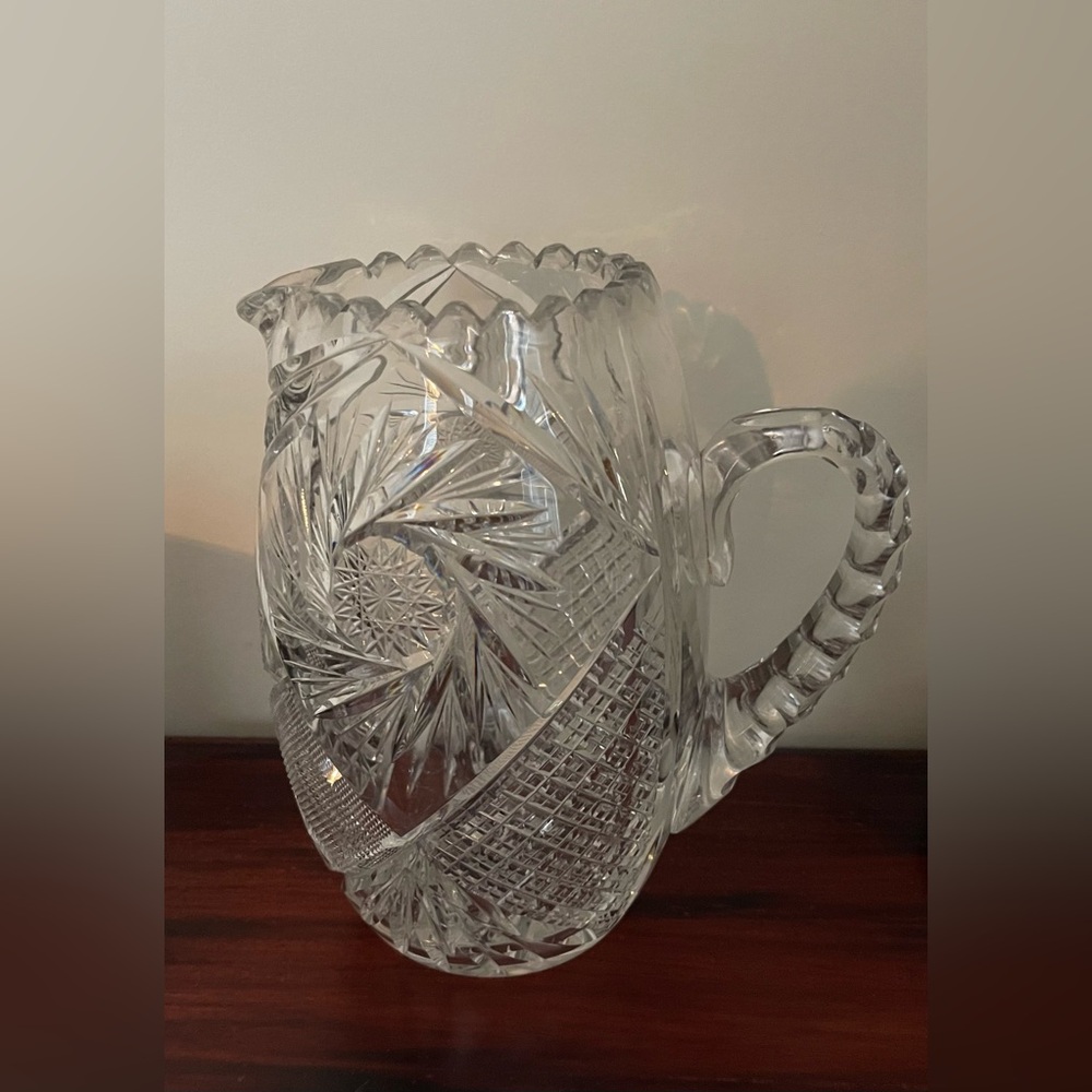 Antique American Brilliant Period (ABP)  Clear Cut Pinwheel Crystal Pitcher 9 in
